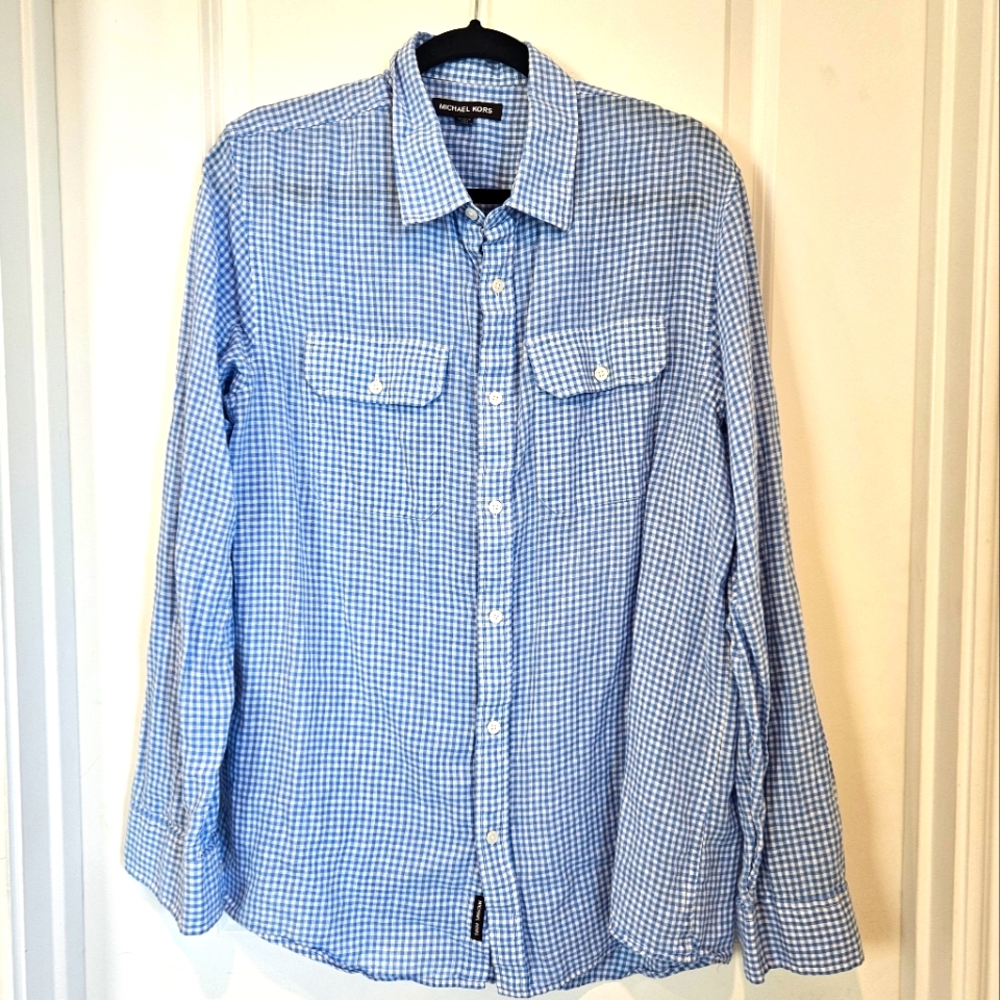 Michael Kors mens XL linen blend blue and white button-down